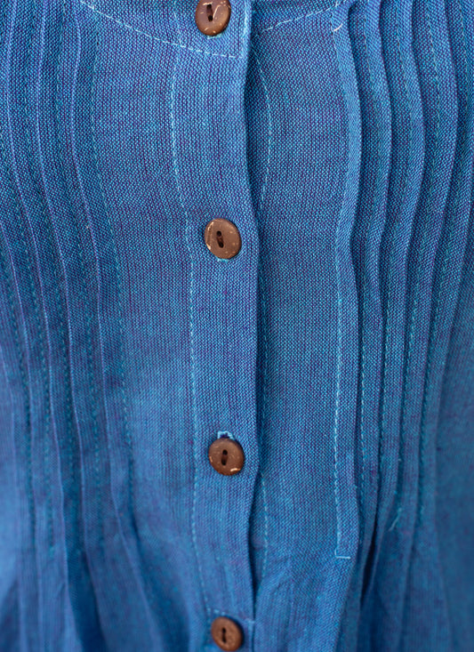 Cotton Sleeveless Pleated Dress - Blue