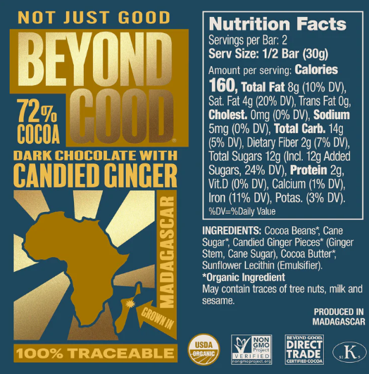 Candied Ginger 72% Dark Chocolate Bar