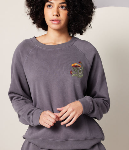 Embroidered Flower Pullover in Charcoal