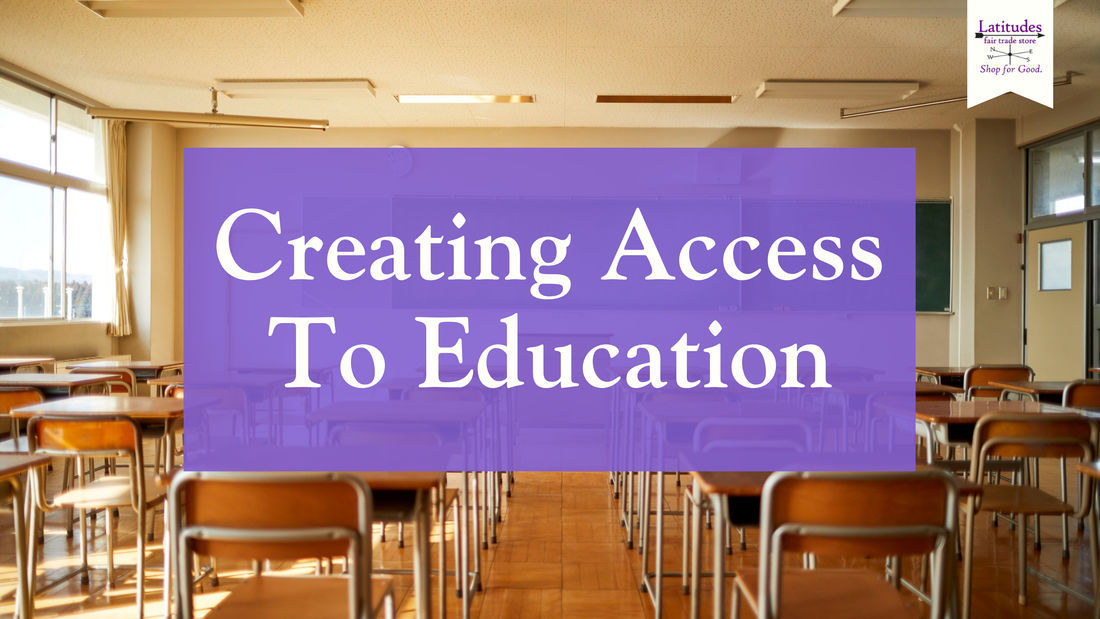 Image of a classroom behind a purple box featuring white text "Creating Access To Education"