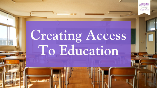 Image of a classroom behind a purple box featuring white text "Creating Access To Education"