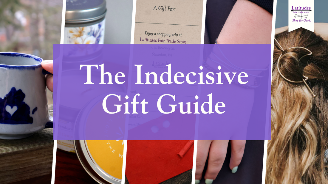 The Indecisive Gift Guide Text over 5 images of a mug, candle, gift card, bracelet, and hair clip