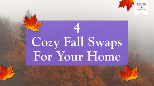 Foggy aerial view of trees in the fall, 4 Cozy Fall Swaps For Your Home, with 4 maple leafs scattered around the text.
