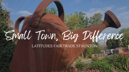 Sculpture in Staunton, Virginia of giant Watering Can with text superimposed "Small Town, Big Difference"