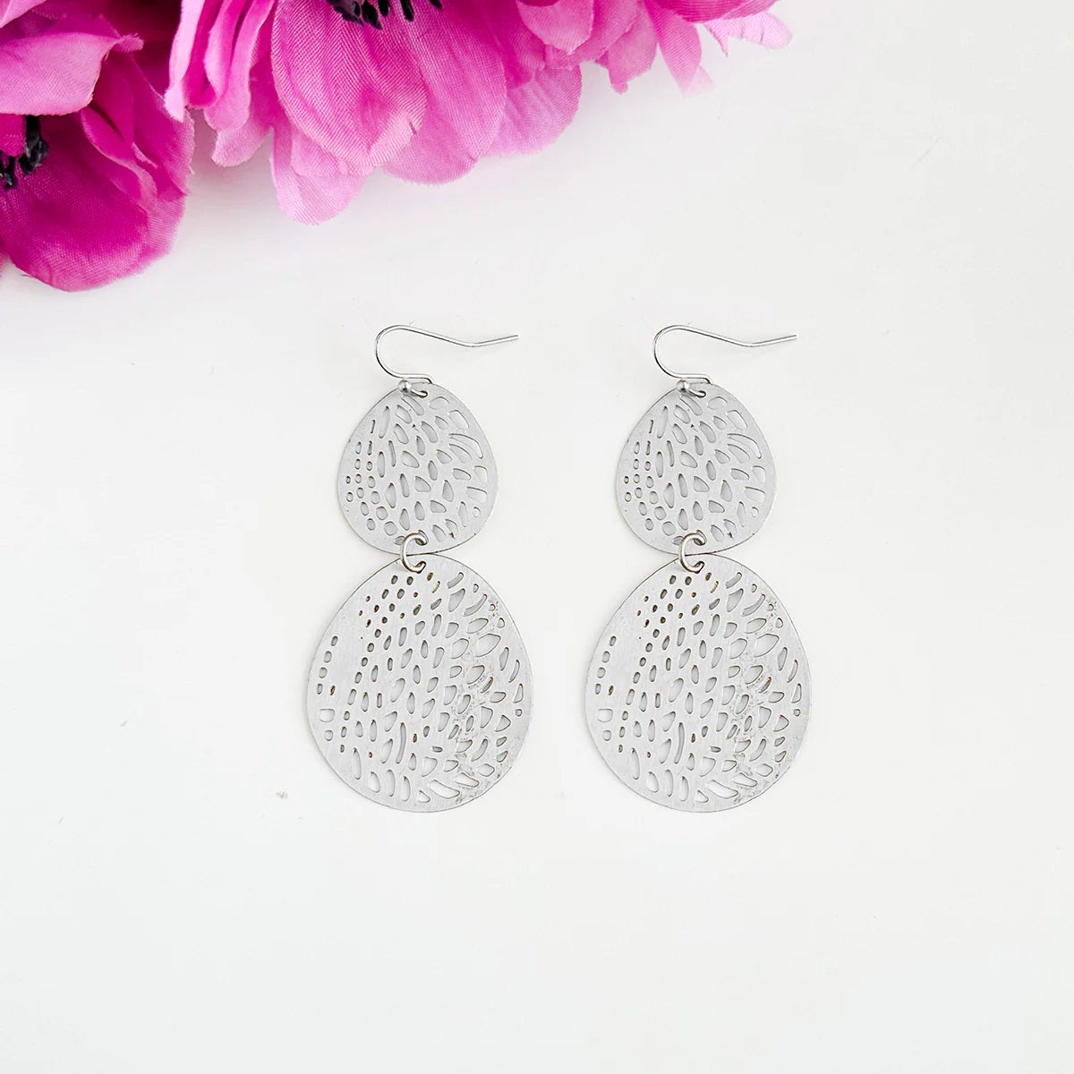 Stenciled Leaf Earrings - Silver