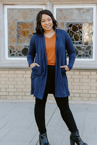 Navy Ribbed Knit Open Cardi