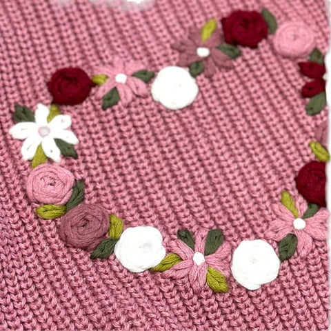 Embroidered French Rose Heart Sweater