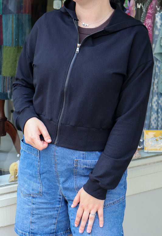 Micaela Cropped Zip Hoodie - Black