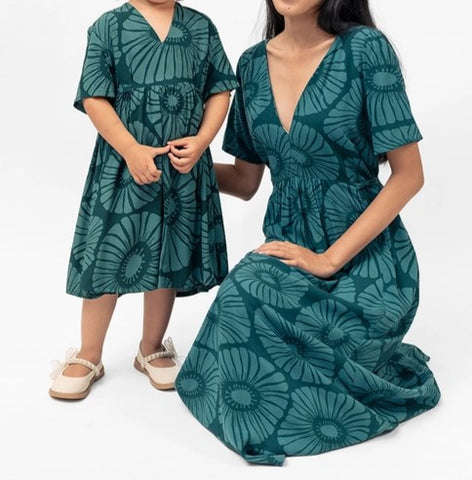 Girl's Frock Dress - Dark Emerald Flowers