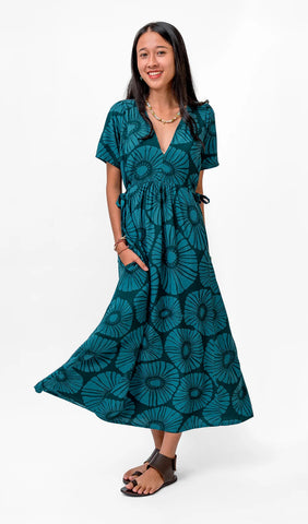 Frock Dress - Dark Emerald Flowers