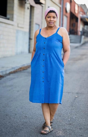 Cotton Sleeveless Pleated Dress - Blue