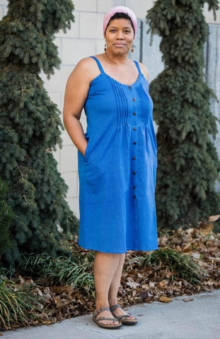 Cotton Sleeveless Pleated Dress - Blue