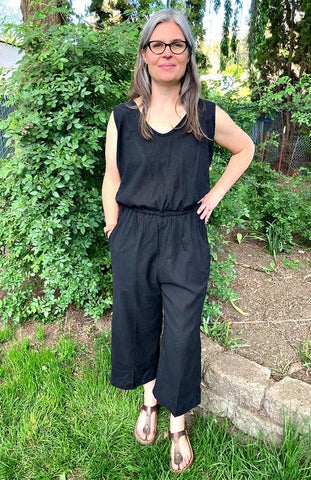 Cotton Elastic Waist Jumpsuit - Black