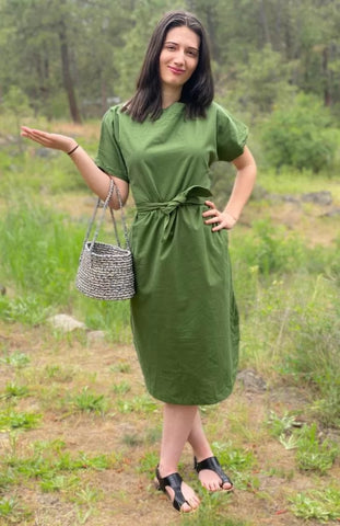 Cotton Dress with Tie - Green