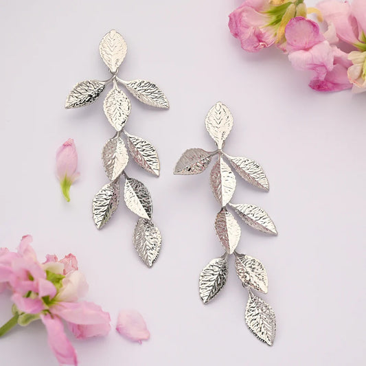 Platinum Cascade Leaf Earrings