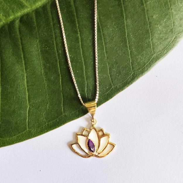 Amethyst Lotus Necklace Brass