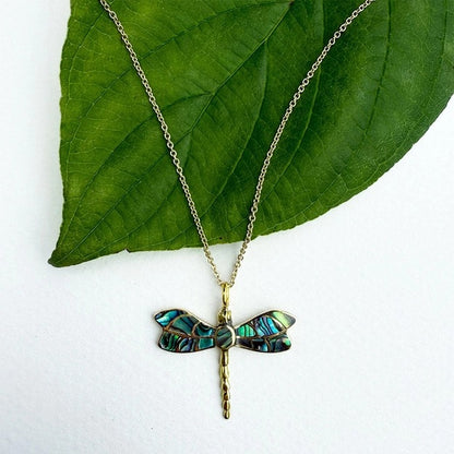 Abalone Dragonfly Necklace - Brass