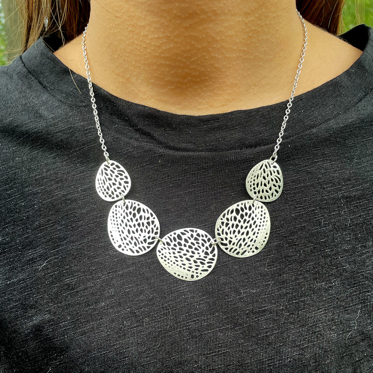 Stenciled Leaf Necklace - Silver