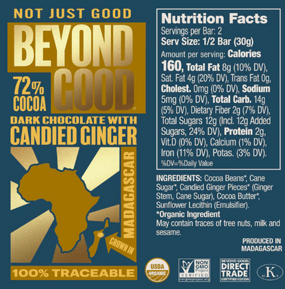 Candied Ginger 72% Dark Chocolate Bar