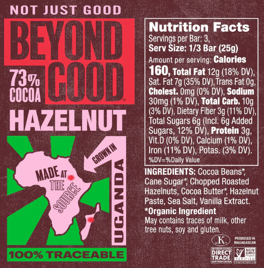 Hazelnut 73% Dark Chocolate Bar