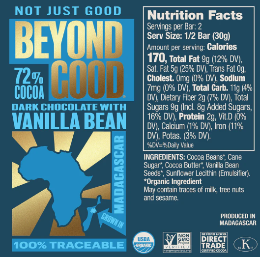 Vanilla Bean 72% Dark Chocolate Bar