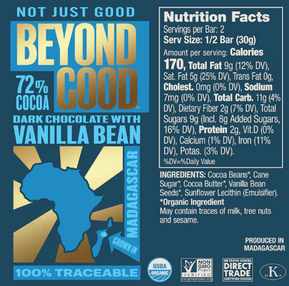 Vanilla Bean 72% Dark Chocolate Bar