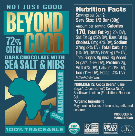 Sea Salt & Nibs 72% Dark Chocolate Bar
