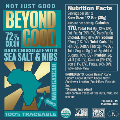 Sea Salt & Nibs 72% Dark Chocolate Bar