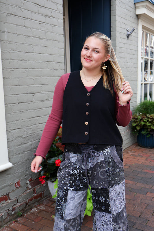 Button Down Kurta Vest - Black