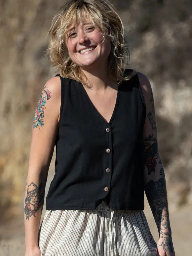 Button Down Kurta Vest - Black