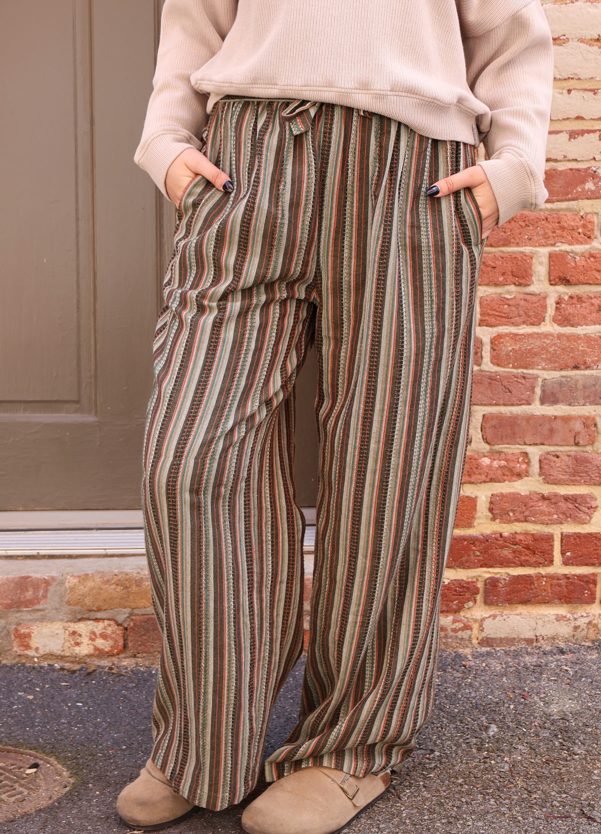 Textured Green Stripe Cotton Pant