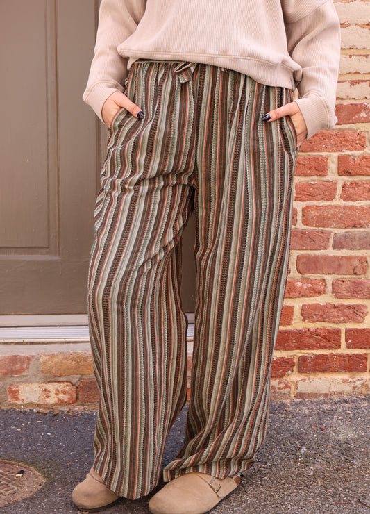 Textured Green Stripe Cotton Pant