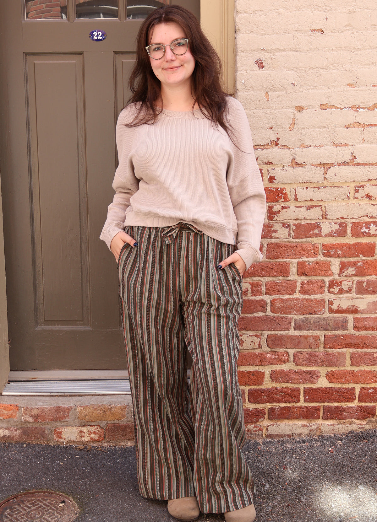 Textured Green Stripe Cotton Pant