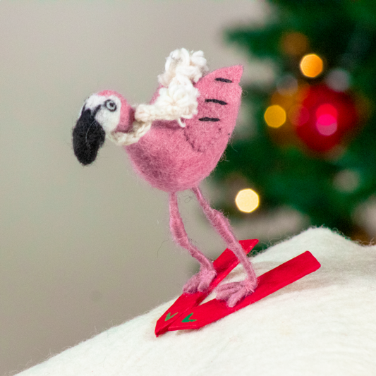 Skiing Flamingo Ornament