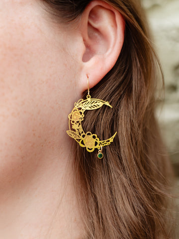 Brass Floral Moon Earrings in Emerald Green