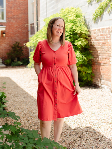 Lottie Button Dress in Coral Red