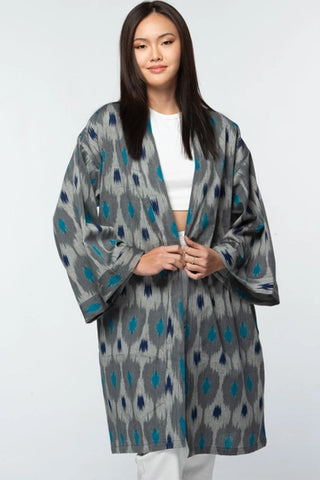 Ikat Handloom Kimono in Silver & Blue