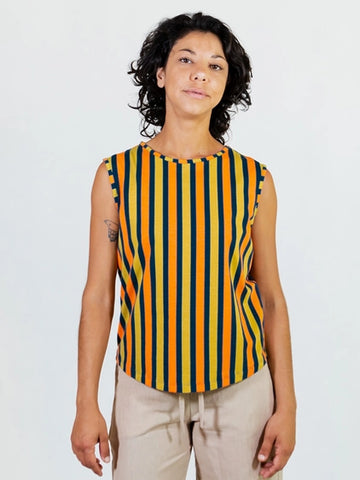 Millie Muscle Tee in Navy Chartreuse Stripe