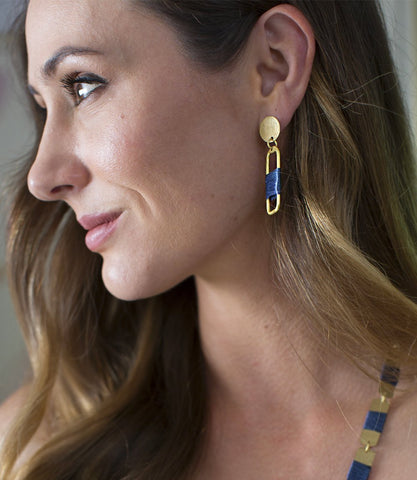 Kaia Gold Drop Earrings With Navy Thread Wrapped Rectangle Charm